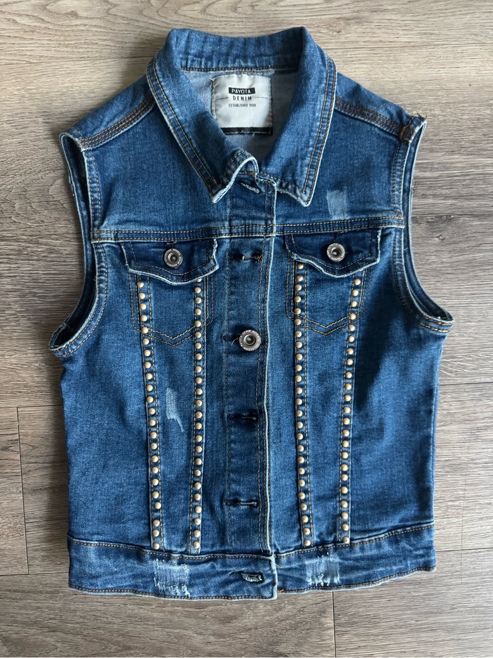 Payota Denim Studded Jean Vest Size S Distressed Blue Wash small